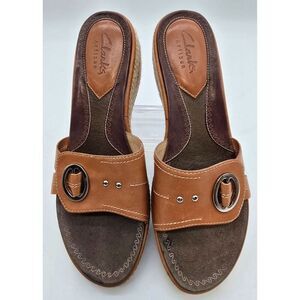 Clarks Artisan Tan Leather Buckle Wedge Sandals With Braided Espadrille Sole Wom